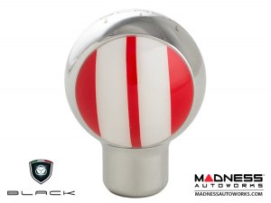 MINI Cooper Gear Shift Knob - Chrome Housing - Red w/ White Racing Stripes Design